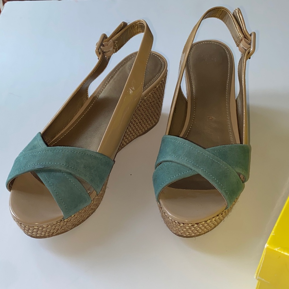 Joan & David Circa - Teal and Tan Wedge Slingback Sandals.  8.5M